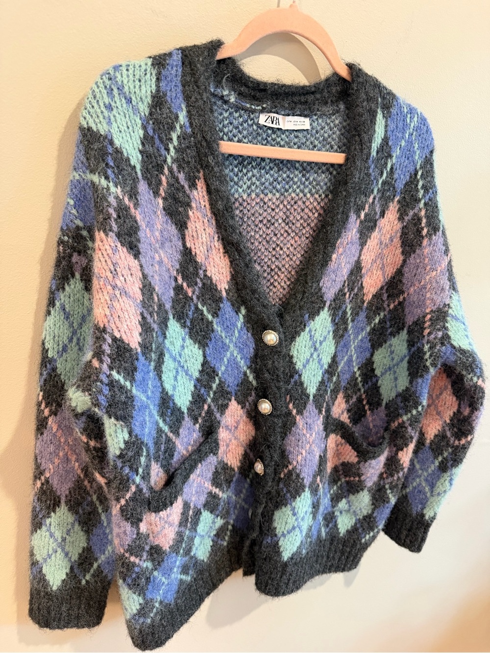 Zara Wool Blend Argyle Cardigan in Mint, Lavender & Blush